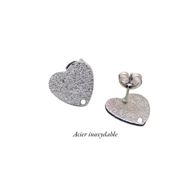 6 supports de boucles d'oreilles, forme coeur texturé, acier inoxydable, 12 mm x 13 mm, BOA101