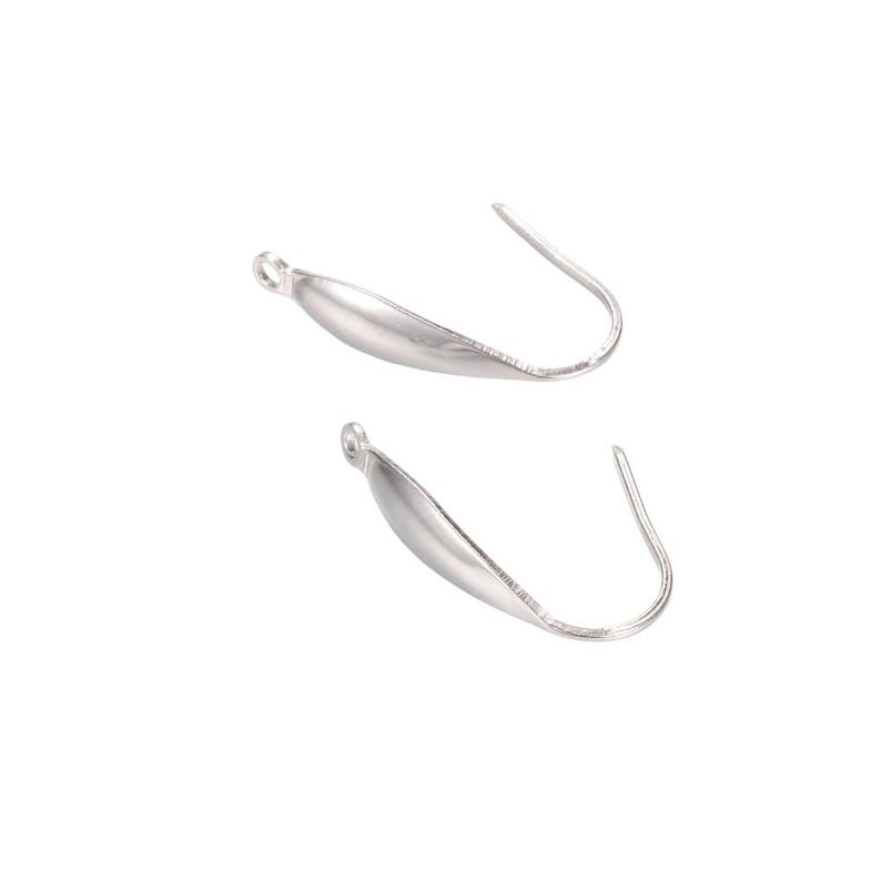 May include: Two silver-toned metal earring hooks with a smooth, curved, leaf-like decorative component attached to the front. Each piece features a small circular loop at the top for connecting jewelry elements and a curved wire for ear insertion.