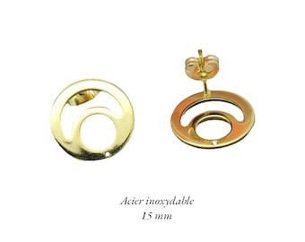 May include: Gold-colored stainless steel earrings. Each earring features a circular design with a smaller inner circle and a post for pierced ears. The earrings are approximately 0.6 inches in diameter.