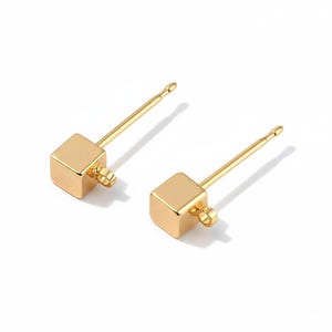 Deux paires de supports de boucles d'oreilles puces forme cube en laiton plaqué or 18k, Fournitures création bijoux, BO138
