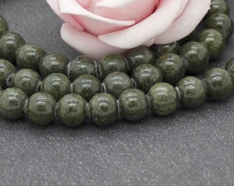 20 perles de jade mashan teintées kaki 8 mm PEJ130