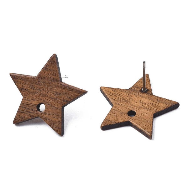 4 supports de boucles d'oreilles puces étoile en bois de noyer et acier inoxydable 304, WB09