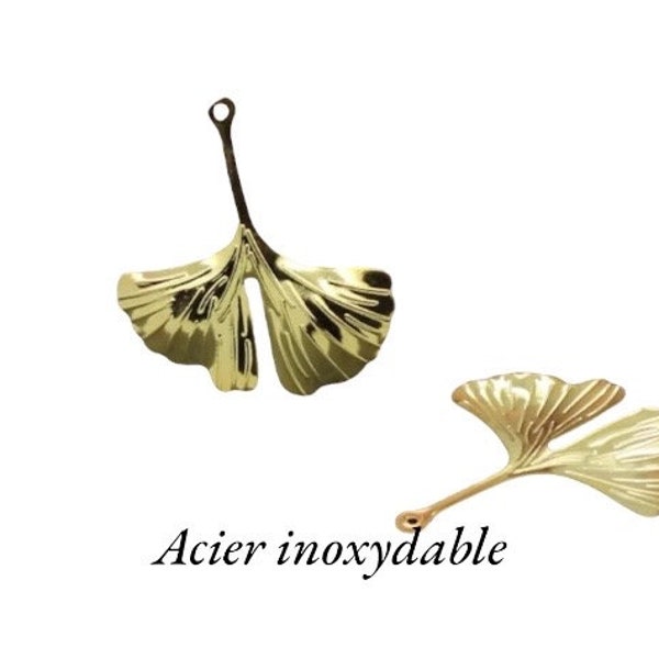 4 breloques, estampes, feuille ginkgo en acier inoxydable doré, plaqué or 24k, AC312