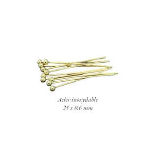 40 clous tiges tête boule en acier inoxydable doré, plaqué or 24K, de 25 x 0.6 mm, AC716