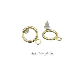 4 stud earring supports, round ring in gold stainless steel, 24k gold plated, 18 x 14 mm, BOA139