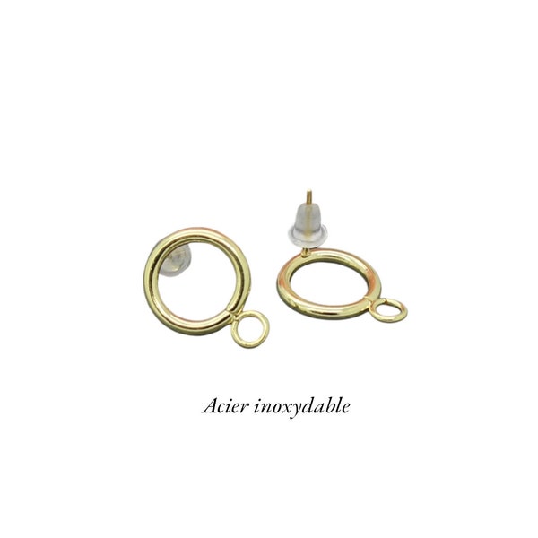 4 stud earring supports, round ring in gold stainless steel, 24k gold plated, 18 x 14 mm, BOA139