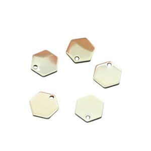 May include: Five silver hexagon-shaped charms with a small hole at the top.