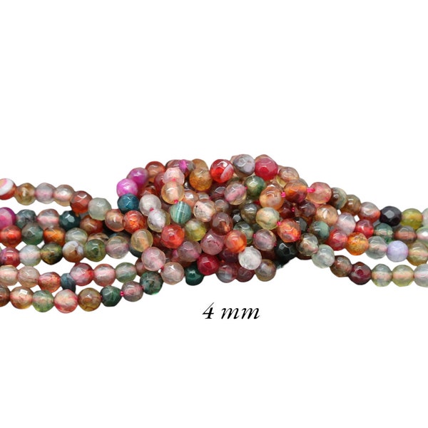 50 perles d'agate rondes de 4 mm, teintées multicolore, à facettes, PG108