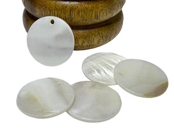 6 pendentifs ronds, nacre, coquillage naturel, blanc crème, 25 mm, PG465