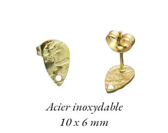 4 supports de boucles d'oreilles puces, gouttes texturées, acier inoxydable or 304, placage ionique, 10 x 6 mm, BOA162