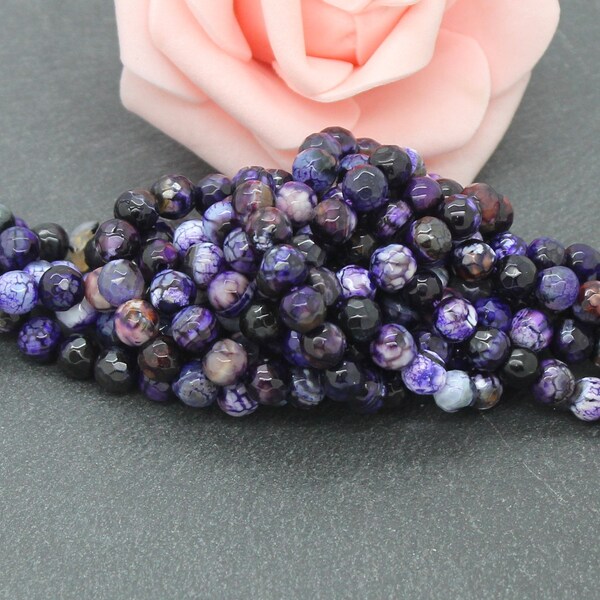 30 perles rondes facettées, craquelées, d'Agate violet/noir de 6 mm, PG350