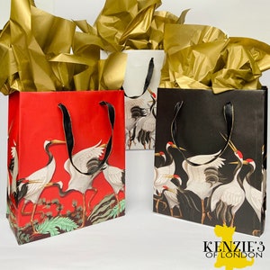 CRANES Set/3 Christmas Gift Bag | Holiday Wrapping Paper Tote | Aviary Bird Cardinal Eastern Oriental Asian