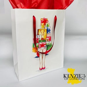 CHRISTMAS SHOPPING Gift Bag | Holiday Wrapping Paper Tote | Woman Shopper Mrs. Claus Rockefeller Center