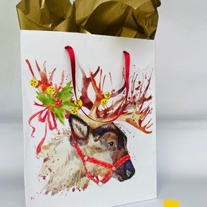 NORTH POLE REINDEER Christmas Gift Bag | Holiday Wrapping Paper Tote | Santa Sleigh North Pole Xmas Animals