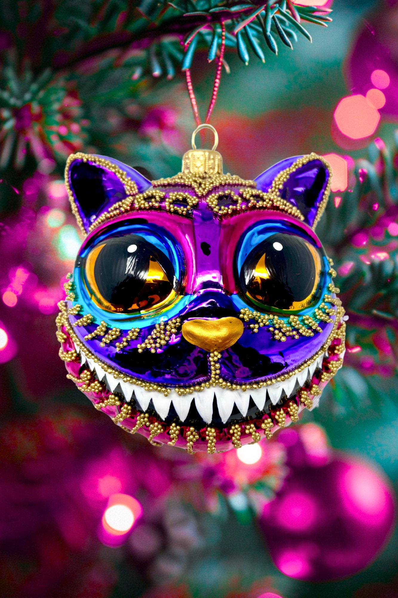 Purple Cheshire Cat Head Glass Ornament - Kenzies in Wonderland