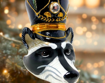 Large Raccoon Soldier Head Glass Ornament - Kenzington Guard Collection - Kenzies of London "KRG Rocky Raccoon"