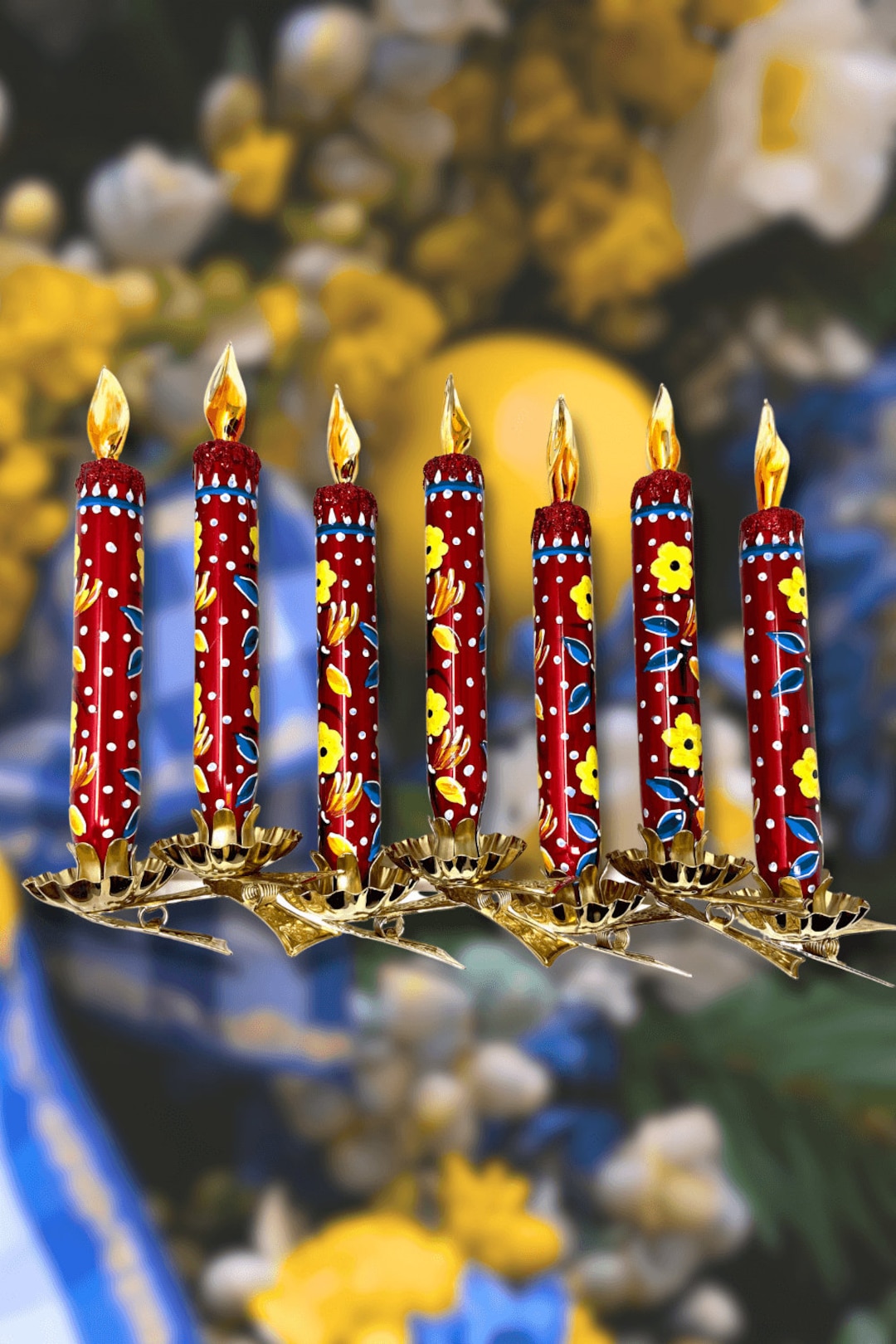 Clip on Red Floral Candle Glass Ornament Set/2 European Culture Kenzies