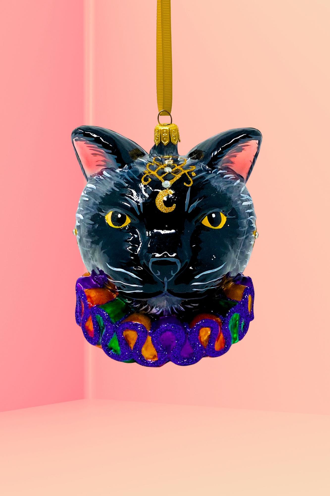 Large Mystical Black Cat Head Glass Ornament - Into the Night Collection - Kenzies of London