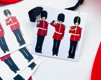 BRITISH LONDON GUARD Square Gift Tags | Holiday Christmas Gift Wrap Paper | Party Favor Britain Union Jack Soldier England