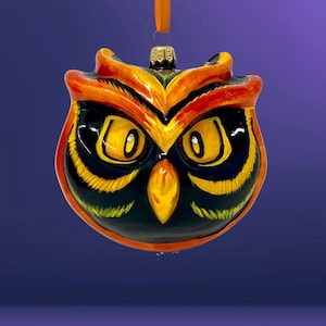 Large Halloween Owl Head Glass Ornament - Fiery Orange - Into the Night Collection - Kenzies of London