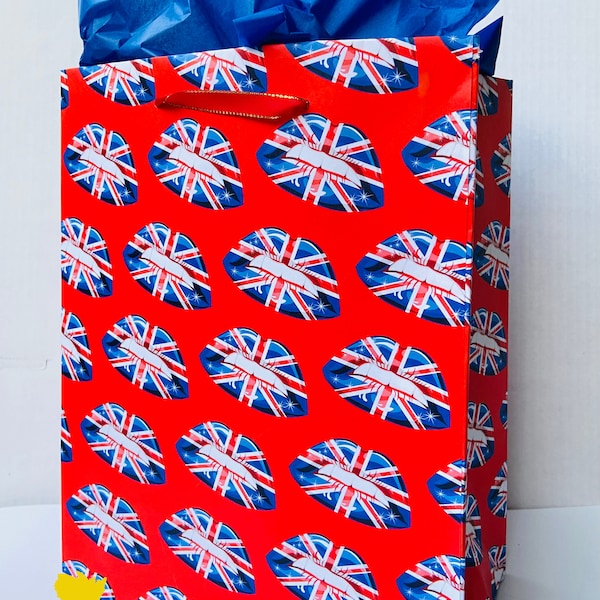 BRITISH LIPS Union Jack Christmas Gift Bag | Holiday Wrapping Paper Tote | England London Queen Elizabeth Buckingham Beatles