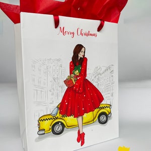 NEW YORK CITY Borsa regalo di Natale per donna alla moda/Tote di carta da regalo per le vacanze/Shopper Mrs. Claus Girl Fashionista Taxi Satc Nyc