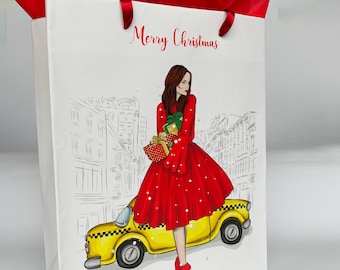 NEW YORK CITY Fashion Woman Christmas Gift Bag | Holiday Wrapping Paper Tote | Shopper Mrs. Claus Girl Fashionista Taxi Satc Nyc