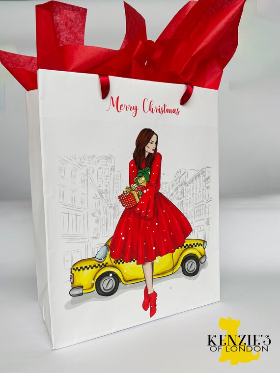 NEW YORK CITY Moda Donna Borsa regalo di Natale / Borsa di carta da  imballaggio per le vacanze / Shopper Mrs. Claus Girl Fashionista Taxi Satc  Nyc -  Italia