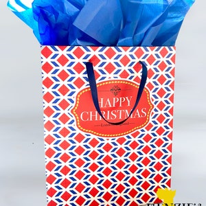 LONDON HAPPY CHRISTMAS Gift Bag | Holiday Wrapping Paper Tote | England British Queen Elizabeth Buckingham Union Jack