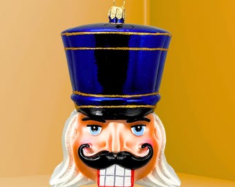 ガラス製ブルーのくるみ割り人形クリスマスオーナメント ブルーくるみ割り人形の頭のガラスオーナメント - ブロードウェイ