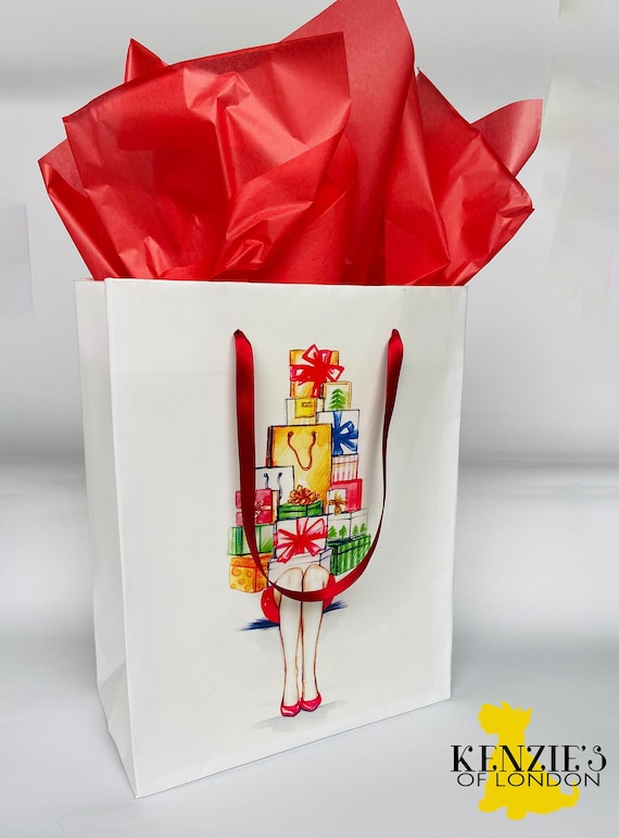 CHRISTMAS SHOPPING Gift Bag Holiday Wrapping Paper Tote Woman Shopper Mrs. Claus Rockefeller Center