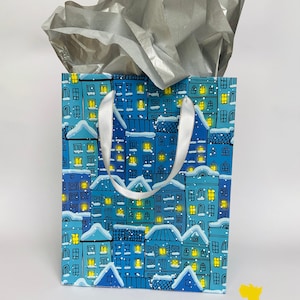 CANAL HOUSES Christmas Gift Bag | Holiday Wrapping Paper Tote | City Landscape