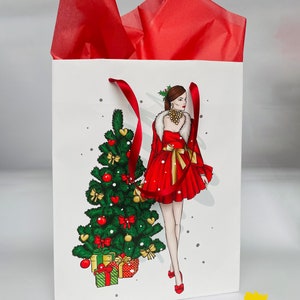 ROCKEFELLER TREE Christmas Gift Bag | Holiday Wrapping Paper Tote | Woman Mrs. Claus Girl Fashionista Watercolor