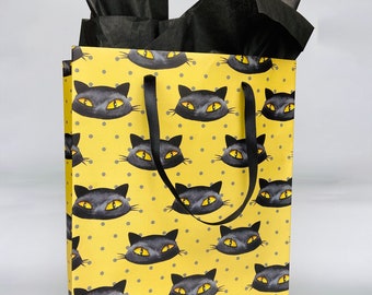 BLACK CATS Gift Bag | Cute Christmas Holiday Wrapping Paper Tote Party Favor Bag