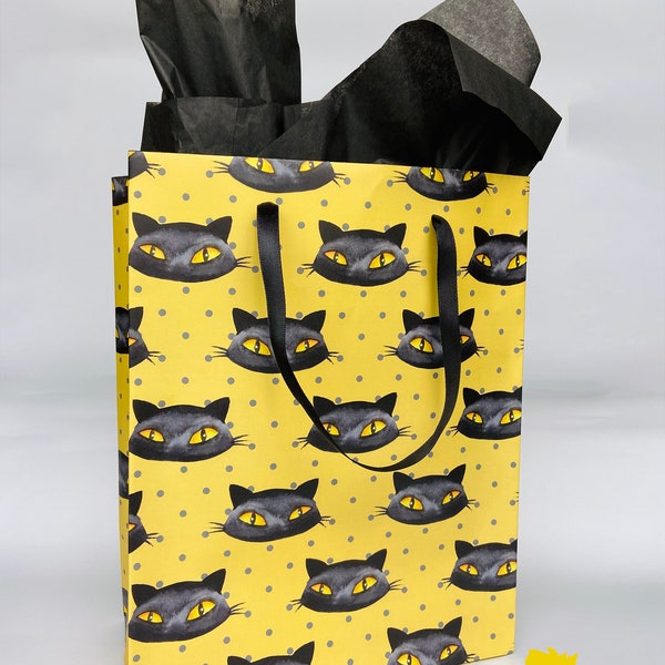 BLACK CATS Gift Bag | Cute Christmas Holiday Wrapping Paper Tote Party Favor Bag