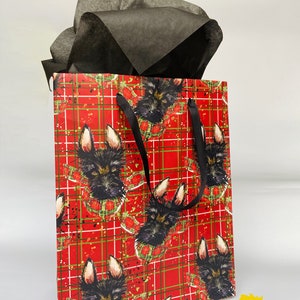 SCOTTISH TERRIER DOG Christmas Gift Bag | Holiday Wrapping Paper Tote | Scotty Scottie Tartan Plaid