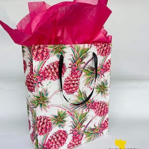 TROPICAL PINK PINEAPPLES Birthday and Christmas Gift Bag | Holiday Wrapping Paper Tote | Greenery Hawaiian Summer