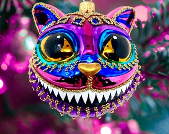 ソビエト　ガラスオーナメント　かごに入った猫ちゃん　クリスマスオーナメント ピンクのチェシャ猫の頭のガラスオーナメント - 不思議の国のケンジー