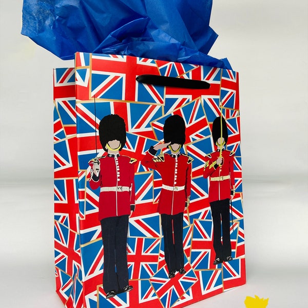 LONDON ROYAL GUARD Christmas Gift Bag | Holiday Wrapping Paper Tote | England British Queen Elizabeth Buckingham Union Jack