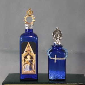 Cross Bottle art, Soldered religious bottle, Vintage bottle with religious items, Soldered bottle, Altered bottle, Blue vintage bottle