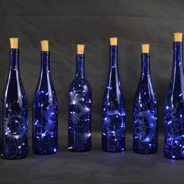 Etched Lighted BlueWine Bottles/ Up-Cycled bottles/ Decorative Blue bottles/ Fairy Lights/ Cork wired string Fairy Lights