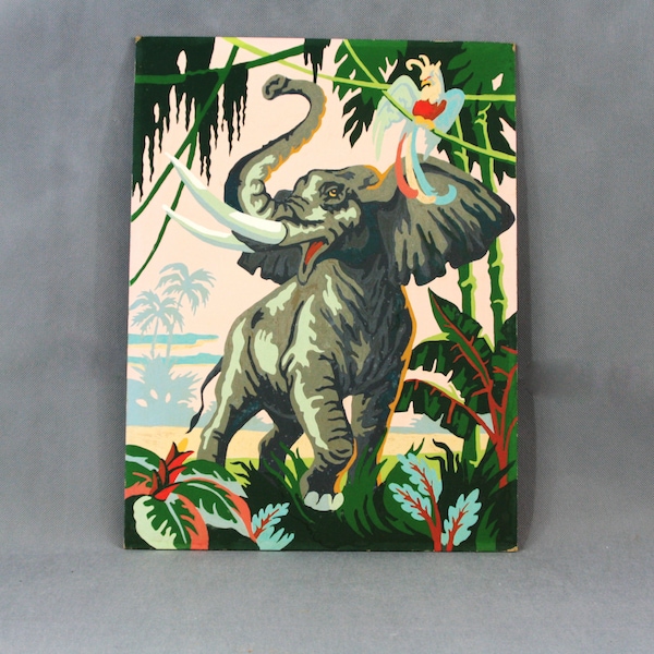 Completed Vintage Paint by Number, Elephant scene, cottage décor, Tropical scene, Boho