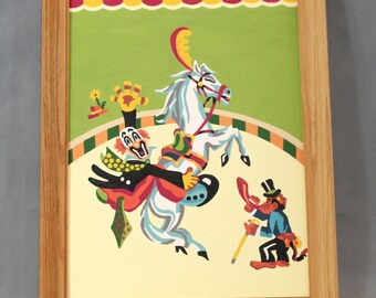 Completed Vintage Paint by Number, Clown scene, cottage décor, Circus scene, Boho