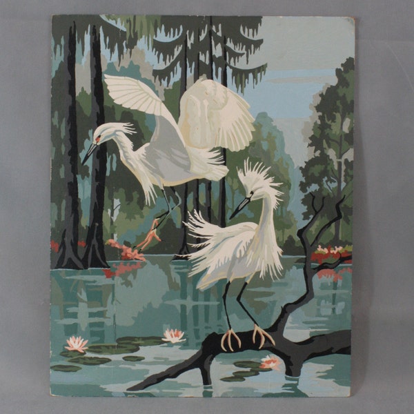 Completed Vintage Paint by Number, Tropical birds, Snowy Egret, Lake scene, Tropical scene, cottage decor, Country farm house, Mother's Day