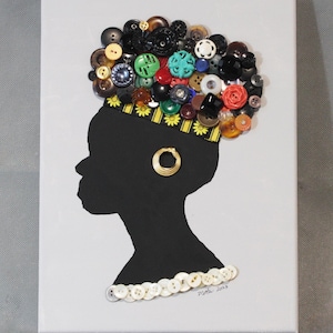 Button Art Lady Silhouette, Button Art, Boho, Textured art, Black art