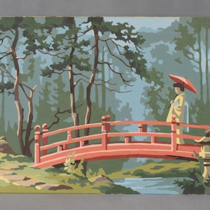 Completed Vintage Paint by Number, Oriental Scene, Brook scene, cottage décor, country décor