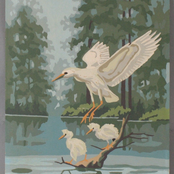 Completed Vintage Paint by Number, Tropical birds, Egret, Lake scene, Tropical scene, cottage decor, Country farm house decor,  Mother's Day