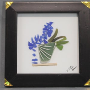 Sea Glass Flower Pot Scene, Tumbled Pottery Art, Framed