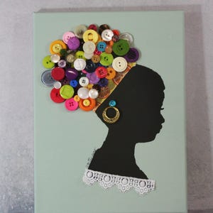 Button Art Lady Silhouette, Button Art, Boho, Textured art, Black art