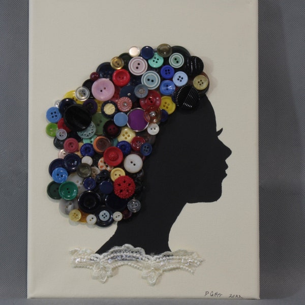 Button Art Lady Silhouette, Button Art, Boho, Textured art